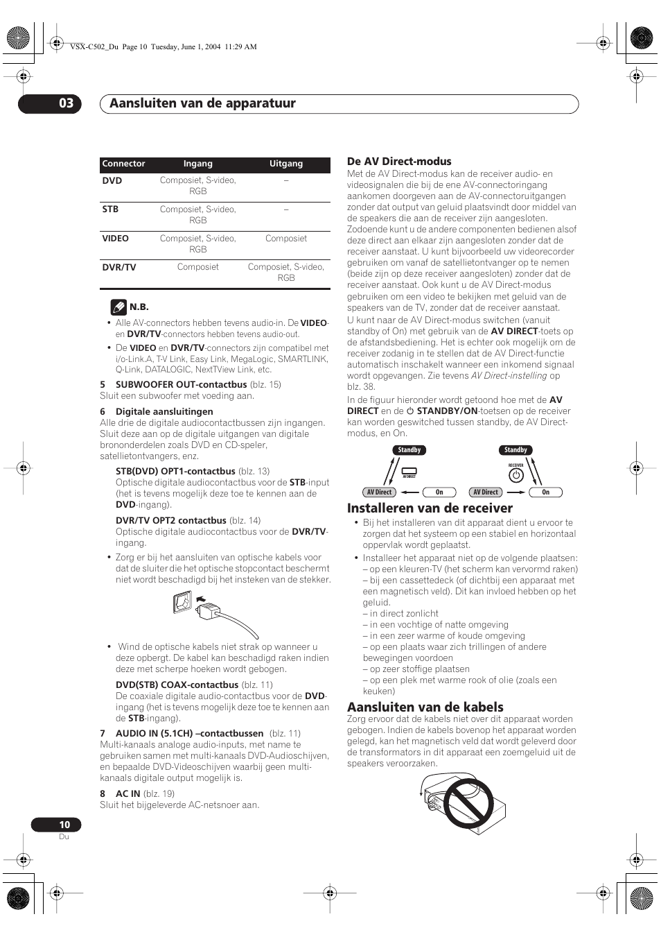 De av direct-modus, Installeren van de receiver, Aansluiten van de kabels | Aansluiten van de apparatuur 03 | Pioneer VSX-C502-S User Manual | Page 10 / 104