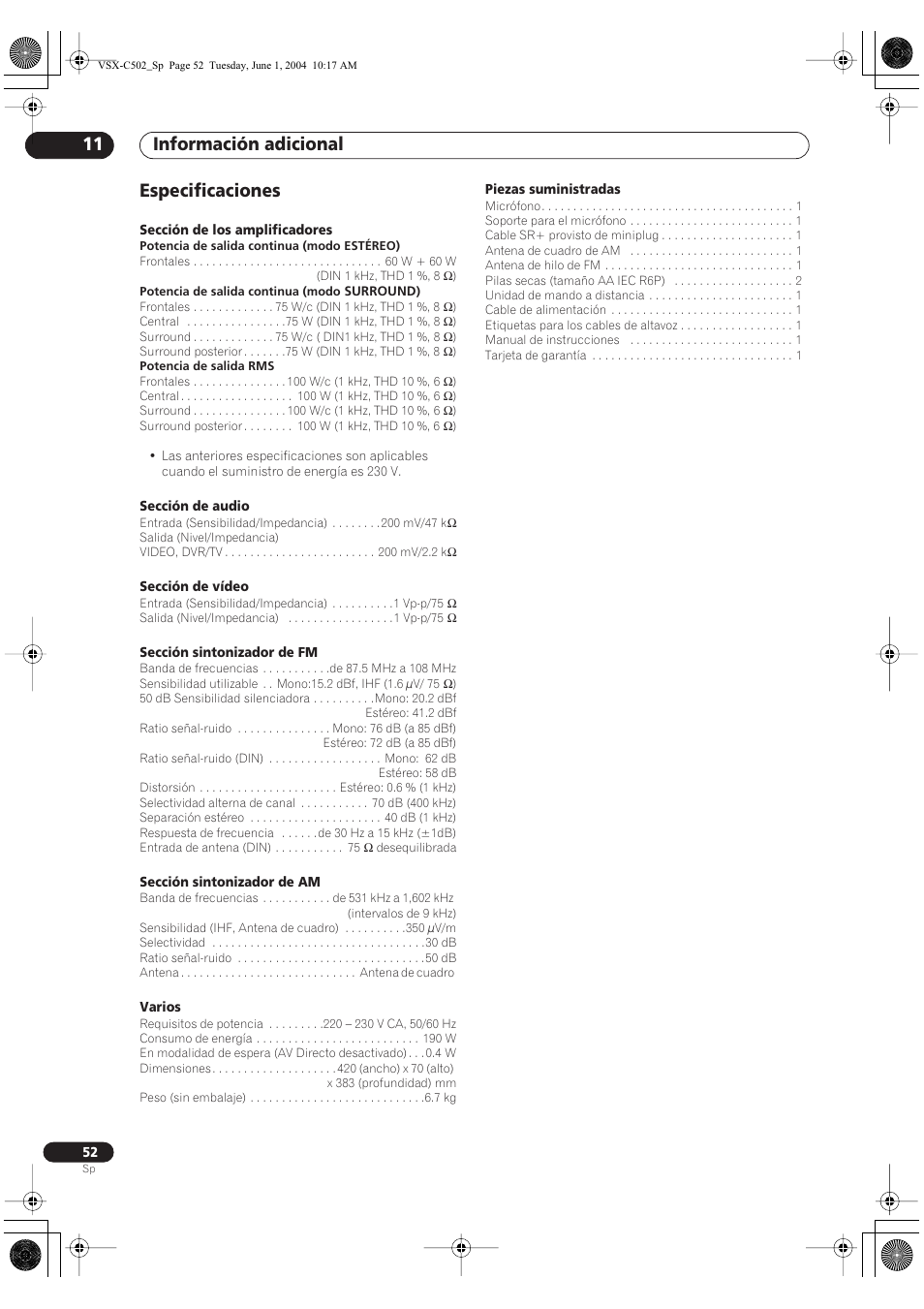 Especificaciones, Información adicional 11 | Pioneer VSX-C502-S User Manual | Page 102 / 104