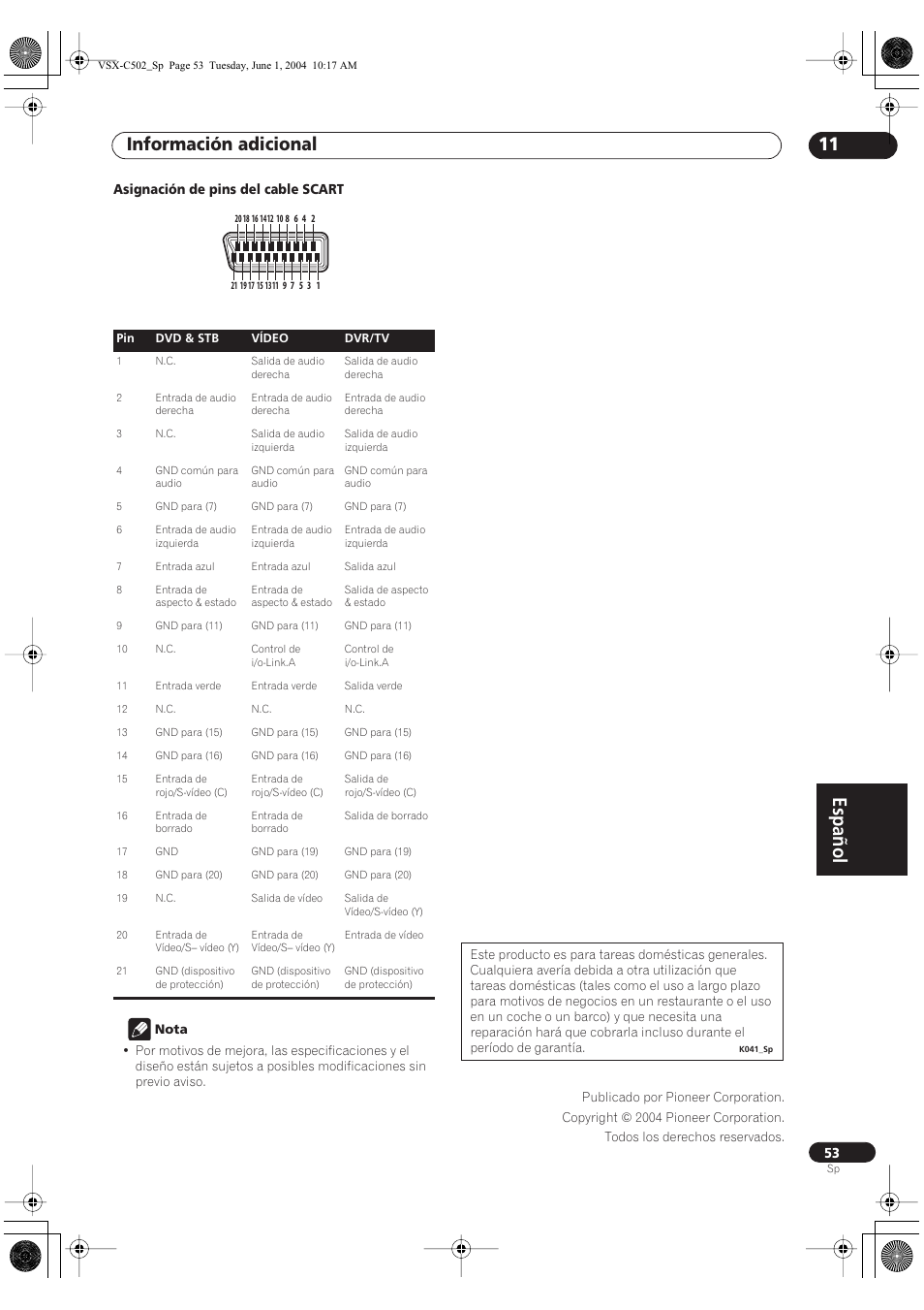 Español, Información adicional 11 | Pioneer VSX-C502-S User Manual | Page 103 / 104