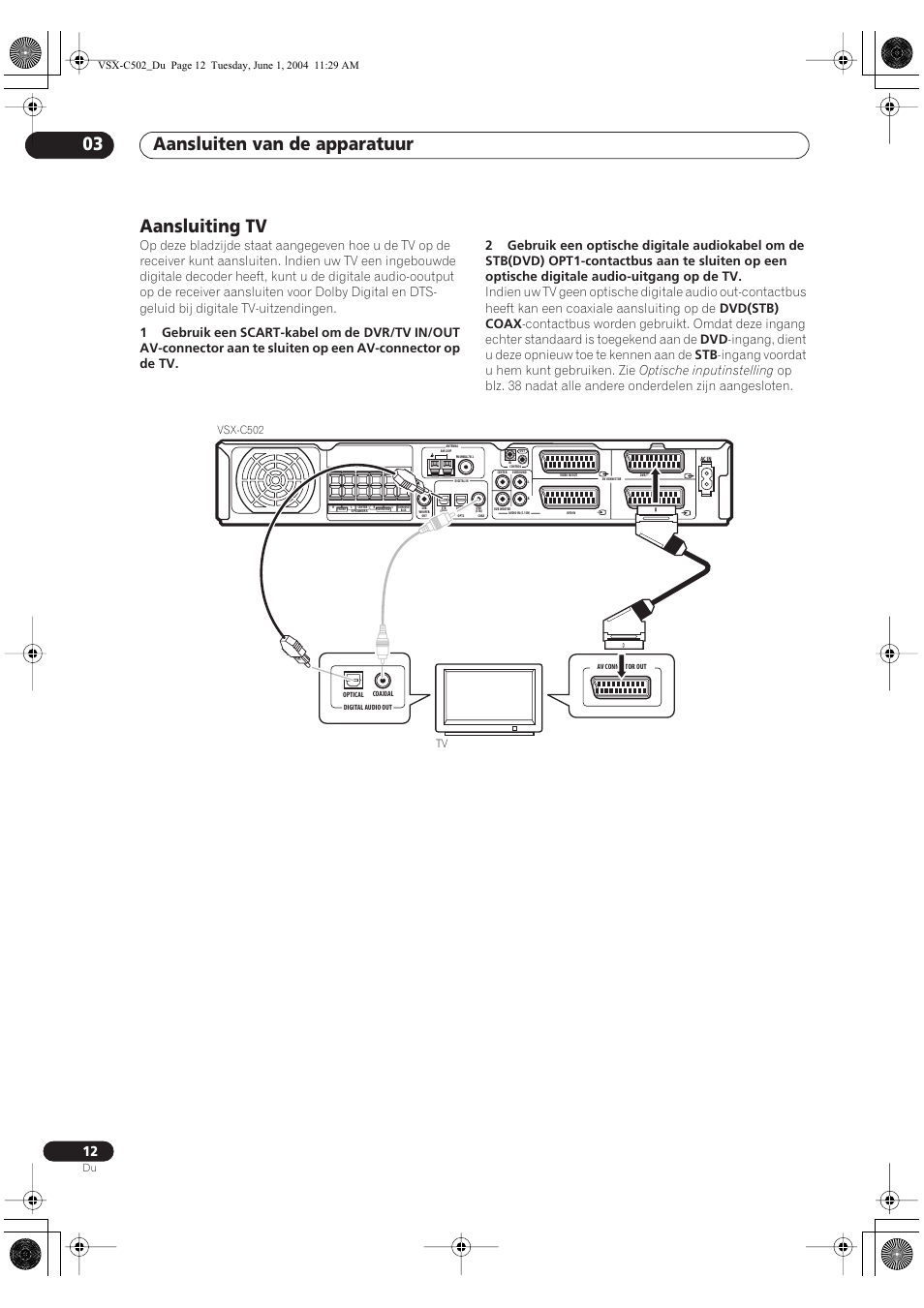 Aansluiting tv, Aansluiten van de apparatuur 03, Vsx-c502 | Pioneer VSX-C502-S User Manual | Page 12 / 104