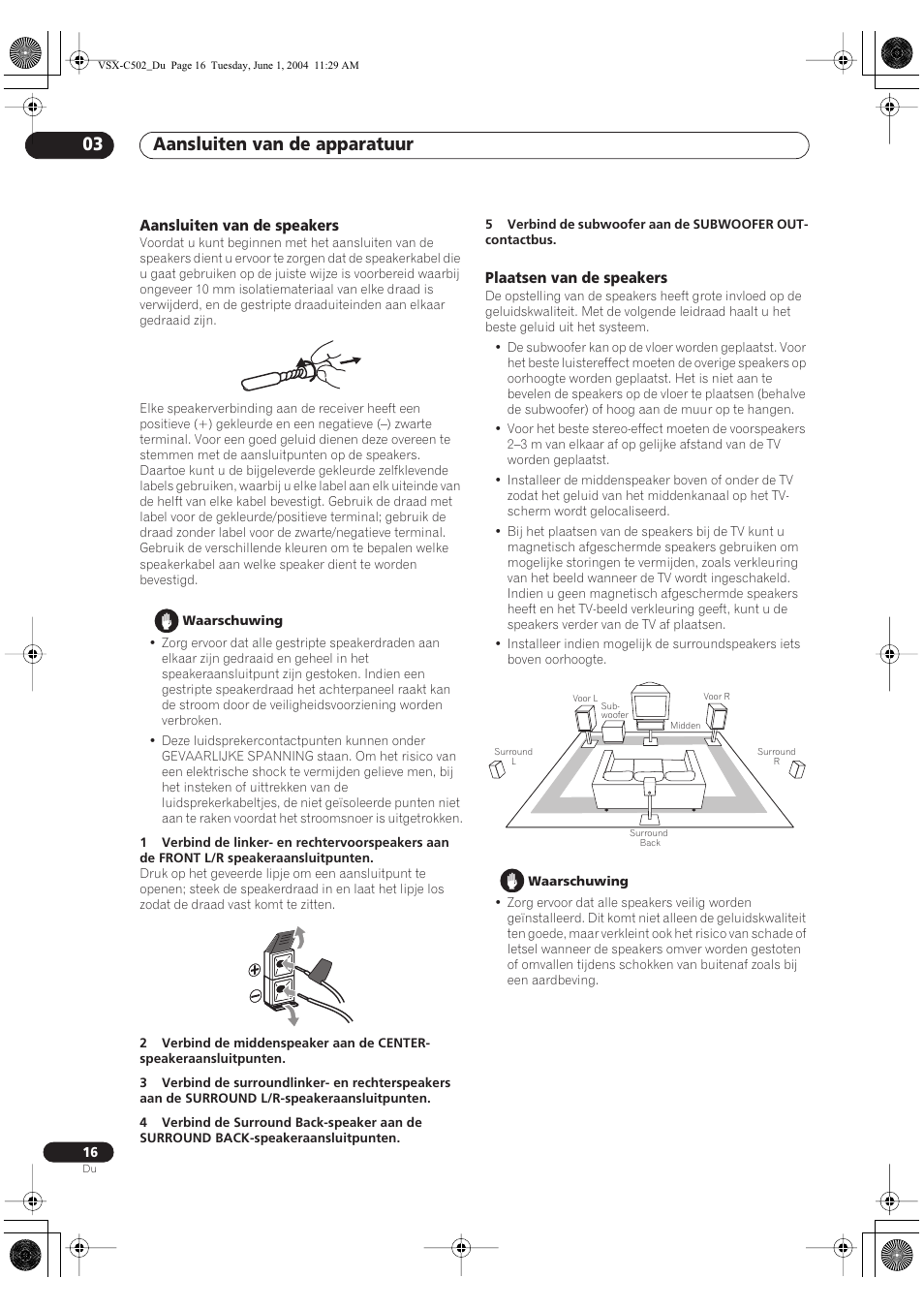 Aansluiten van de speakers, Plaatsen van de speakers, Aansluiten van de apparatuur 03 | Pioneer VSX-C502-S User Manual | Page 16 / 104
