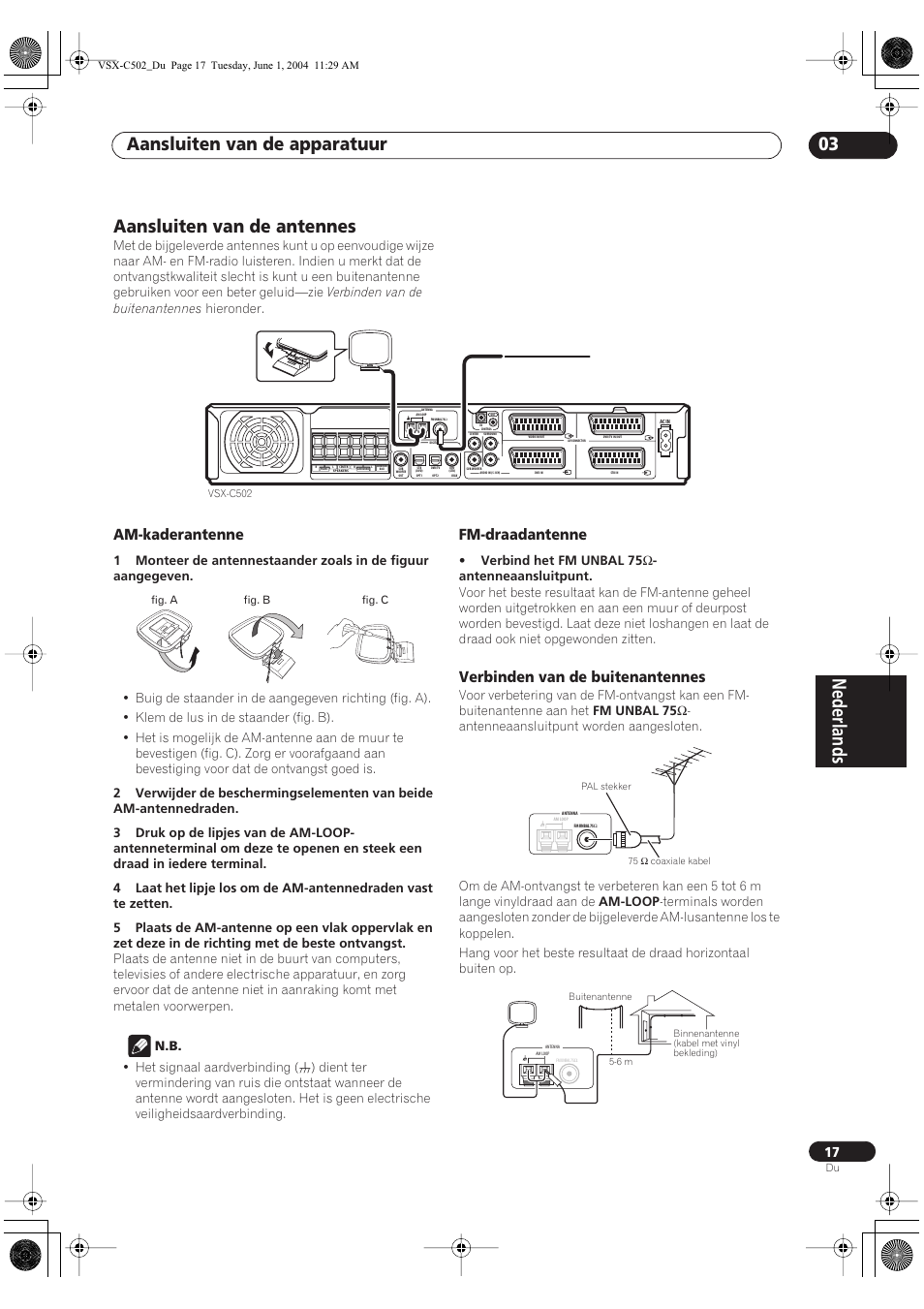 Aansluiten van de antennes, Am-kaderantenne, Fm-draadantenne | Verbinden van de buitenantennes, Nederlands, Aansluiten van de apparatuur 03 | Pioneer VSX-C502-S User Manual | Page 17 / 104