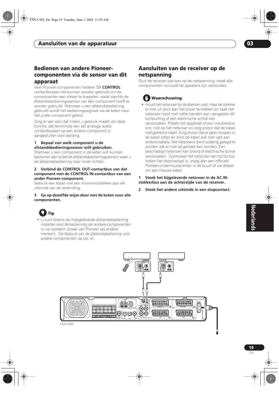 Aansluiten van de receiver op de netspanning, Nederlands, Aansluiten van de apparatuur 03 | Pioneer VSX-C502-S User Manual | Page 19 / 104