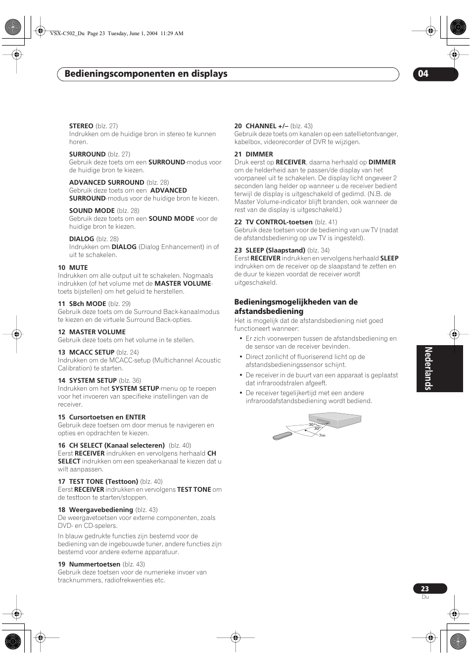 Bedieningsmogelijkheden van de afstandsbediening, Nederlands, Bedieningscomponenten en displays 04 | Pioneer VSX-C502-S User Manual | Page 23 / 104