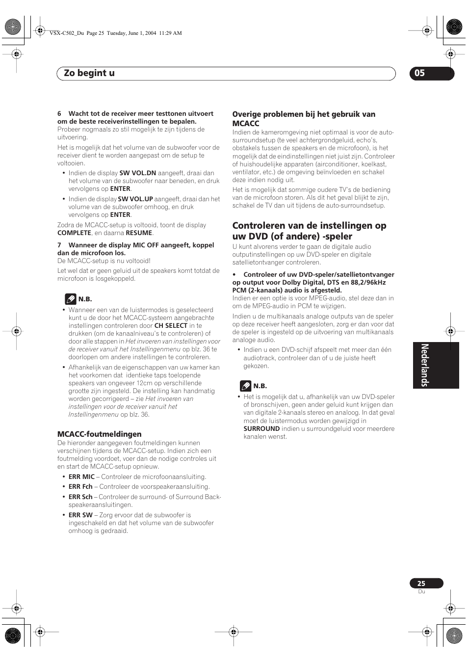 Mcacc-foutmeldingen, Overige problemen bij het gebruik van mcacc, Nederlands | Zo begint u 05 | Pioneer VSX-C502-S User Manual | Page 25 / 104