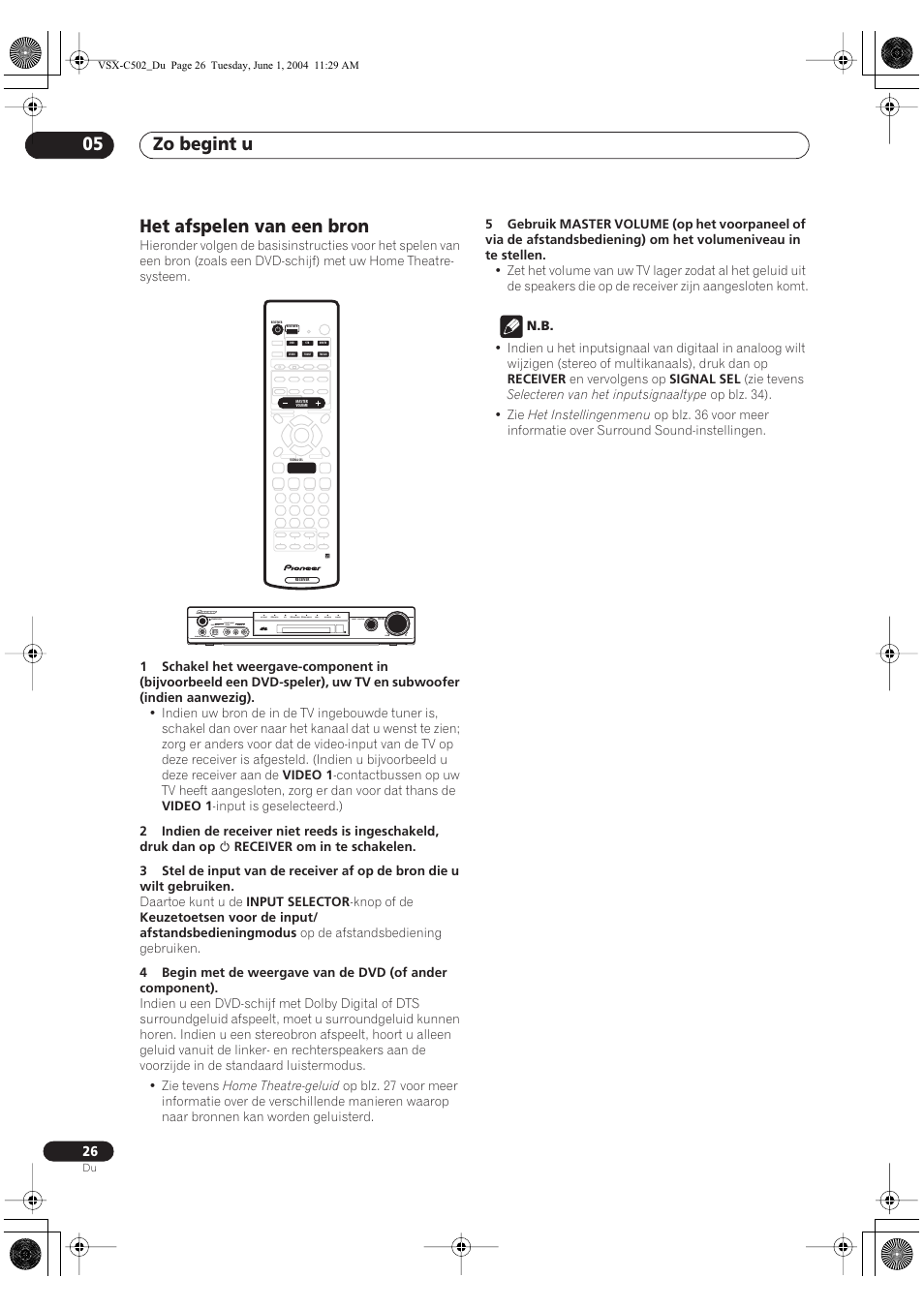 Het afspelen van een bron, Zo begint u 05 | Pioneer VSX-C502-S User Manual | Page 26 / 104