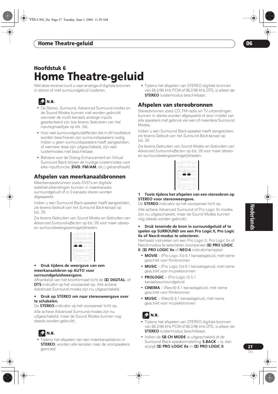 06 home theatre-geluid, Afspelen van meerkanaalsbronnen, Afspelen van stereobronnen | Home theatre-geluid, Nederlands, Home theatre-geluid 06, Hoofdstuk 6 | Pioneer VSX-C502-S User Manual | Page 27 / 104