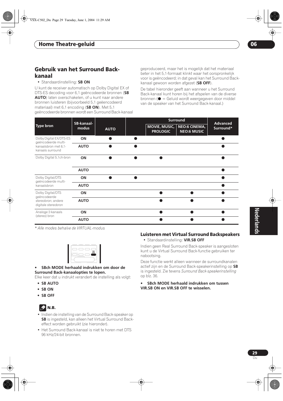 Gebruik van het surround back-kanaal, Luisteren met virtual surround backspeakers, Nederlands | Home theatre-geluid 06, Gebruik van het surround back- kanaal | Pioneer VSX-C502-S User Manual | Page 29 / 104
