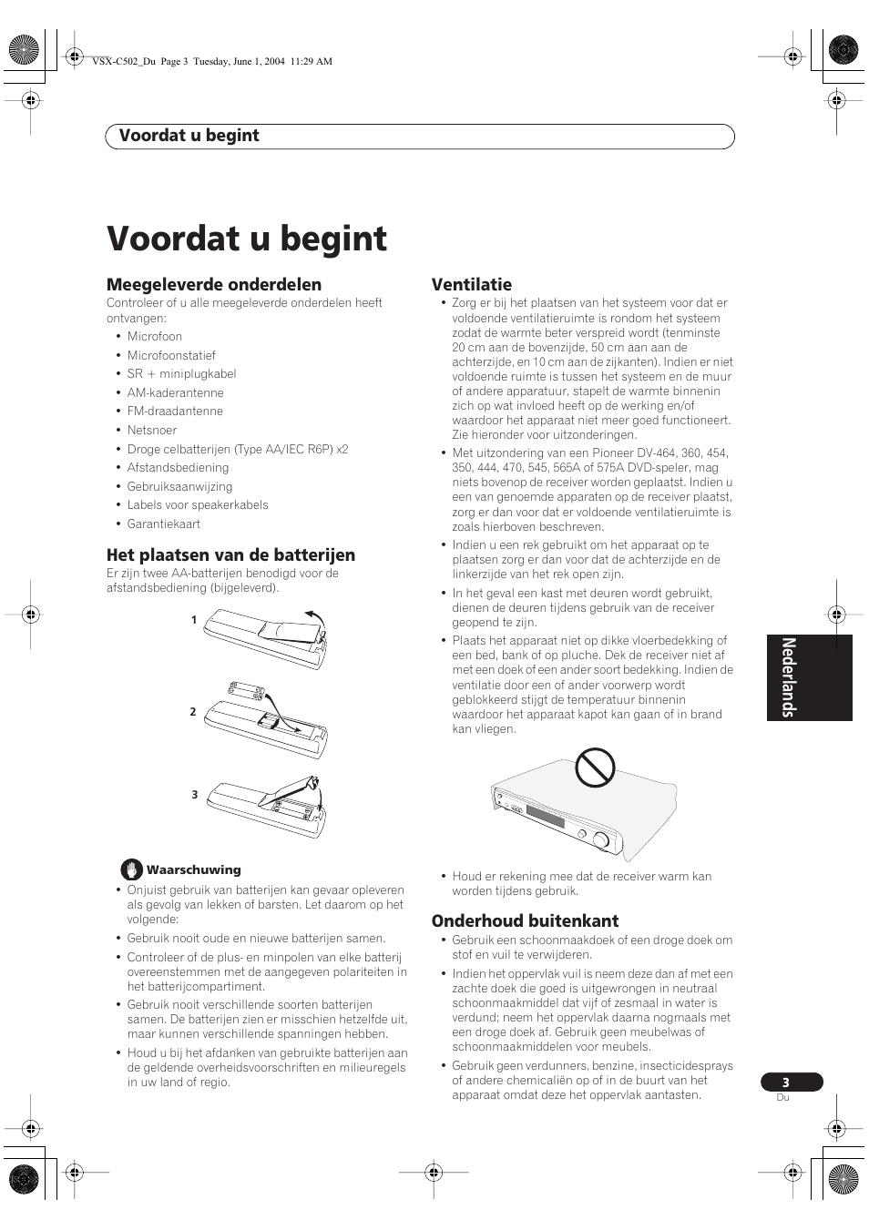 Nederlands, Voordat u begint, Meegeleverde onderdelen | Het plaatsen van de batterijen, Ventilatie, Onderhoud buitenkant | Pioneer VSX-C502-S User Manual | Page 3 / 104