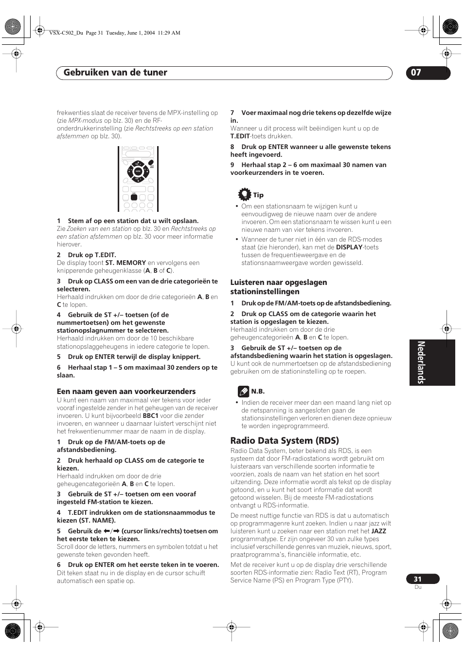 Een naam geven aan voorkeurzenders, Luisteren naar opgeslagen stationinstellingen, Radio data system (rds) | Nederlands, Gebruiken van de tuner 07 | Pioneer VSX-C502-S User Manual | Page 31 / 104