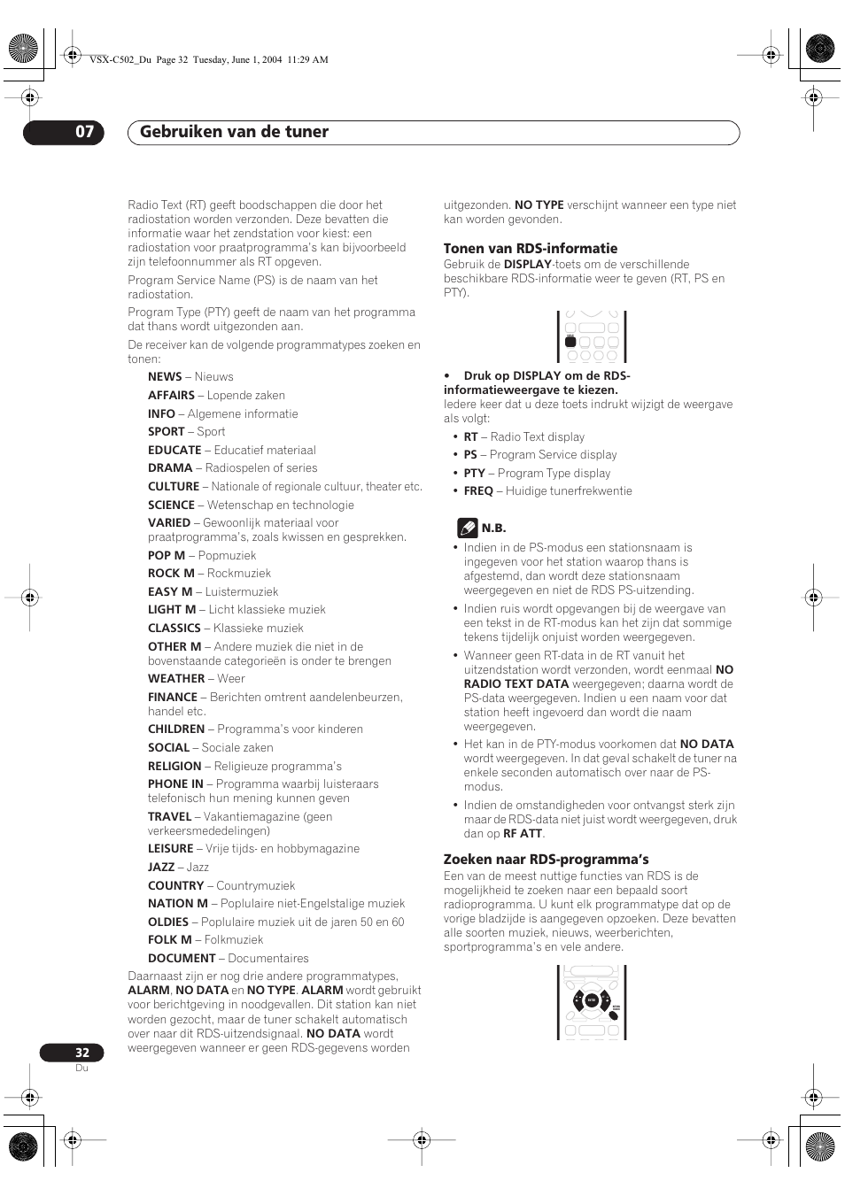 Tonen van rds-informatie, Zoeken naar rds-programma’s, Gebruiken van de tuner 07 | Pioneer VSX-C502-S User Manual | Page 32 / 104