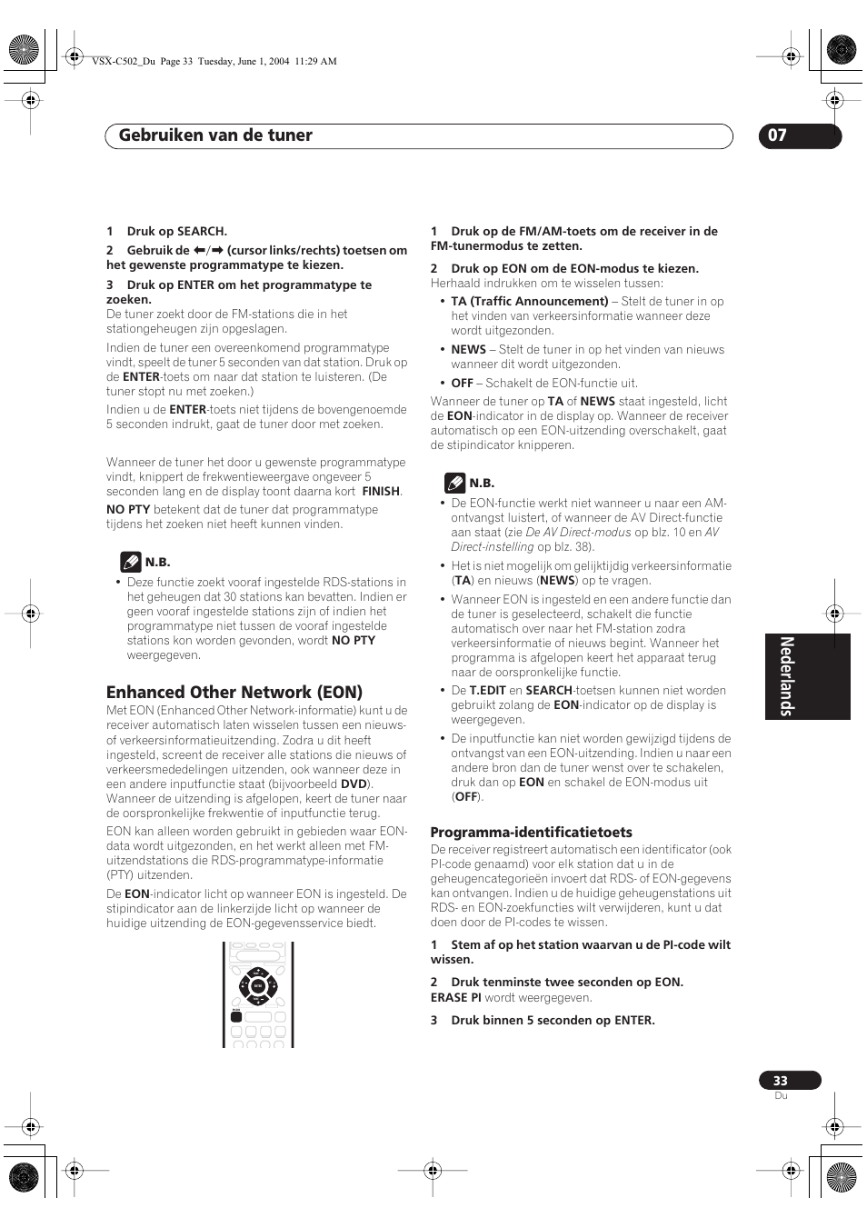 Enhanced other network (eon), Programma-identificatietoets, Nederlands | Gebruiken van de tuner 07 | Pioneer VSX-C502-S User Manual | Page 33 / 104