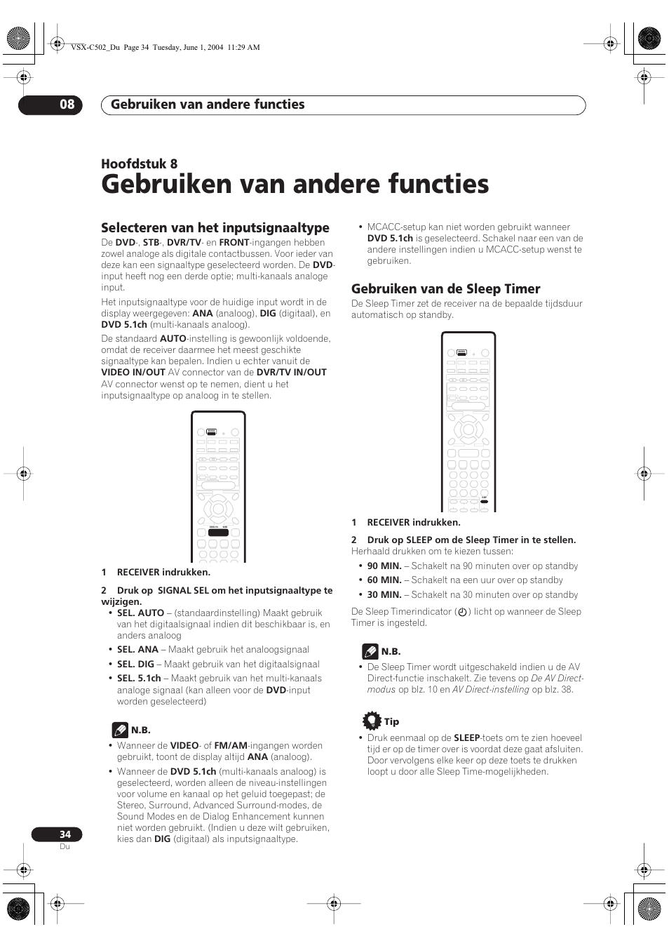 08 gebruiken van andere functies, Selecteren van het inputsignaaltype, Gebruiken van de sleep timer | Gebruiken van andere functies, Gebruiken van andere functies 08, Hoofdstuk 8 | Pioneer VSX-C502-S User Manual | Page 34 / 104