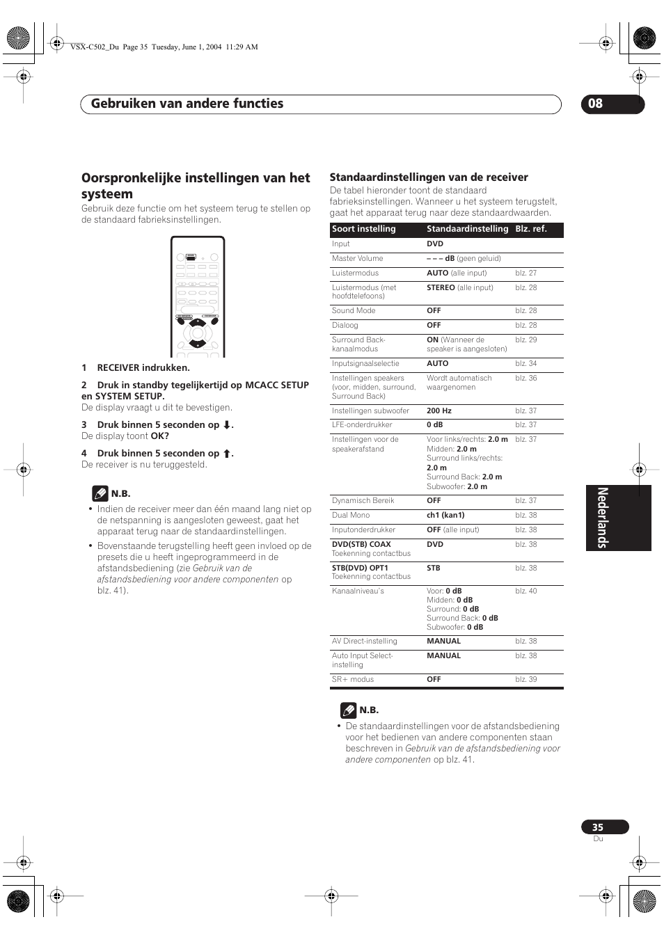 Oorspronkelijke instellingen van het systeem, Standaardinstellingen van de receiver, Nederlands | Gebruiken van andere functies 08 | Pioneer VSX-C502-S User Manual | Page 35 / 104