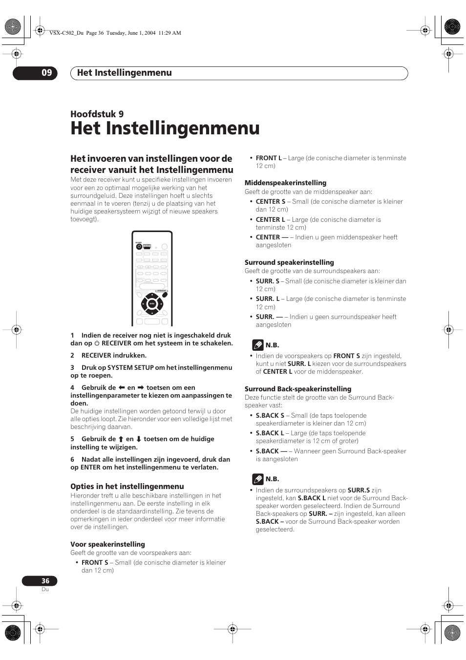 09 het instellingenmenu, Opties in het instellingenmenu, Het instellingenmenu | Het instellingenmenu 09, Hoofdstuk 9 | Pioneer VSX-C502-S User Manual | Page 36 / 104