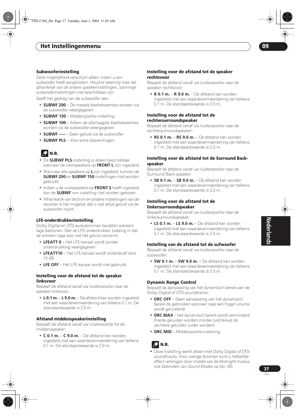 Nederlands, Het instellingenmenu 09 | Pioneer VSX-C502-S User Manual | Page 37 / 104