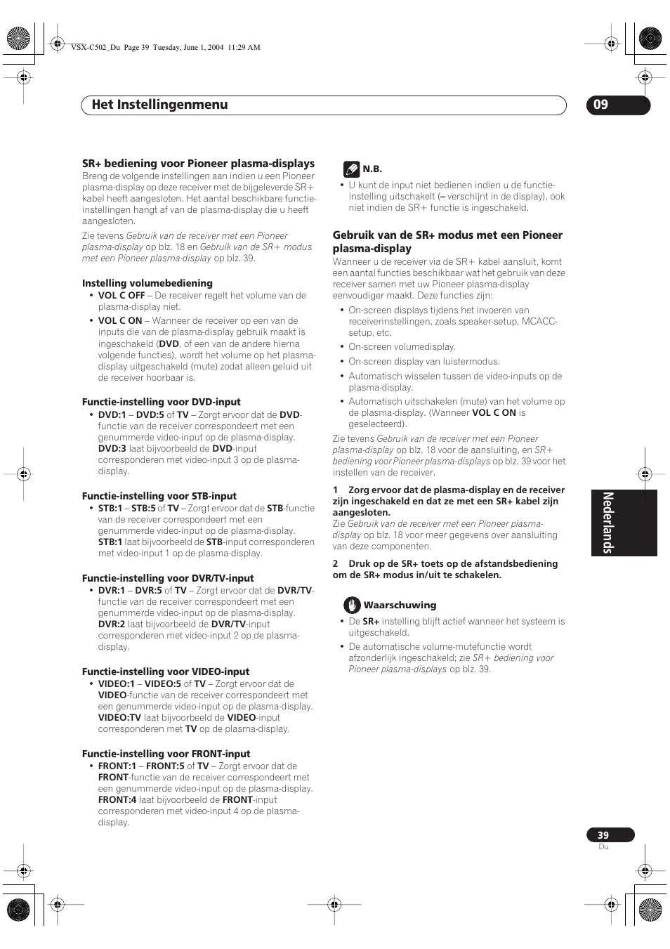 Sr+ bediening voor pioneer plasma-displays, Nederlands, Het instellingenmenu 09 | Pioneer VSX-C502-S User Manual | Page 39 / 104