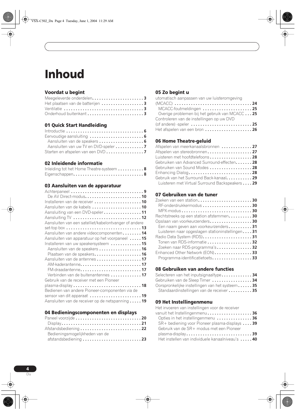 Nederlands, Audio/video multi-kanaals ontvanger, Receptor audio-video multicanal | Vsx-c502, Gebruiksaanwijzing, Inhoud | Pioneer VSX-C502-S User Manual | Page 4 / 104