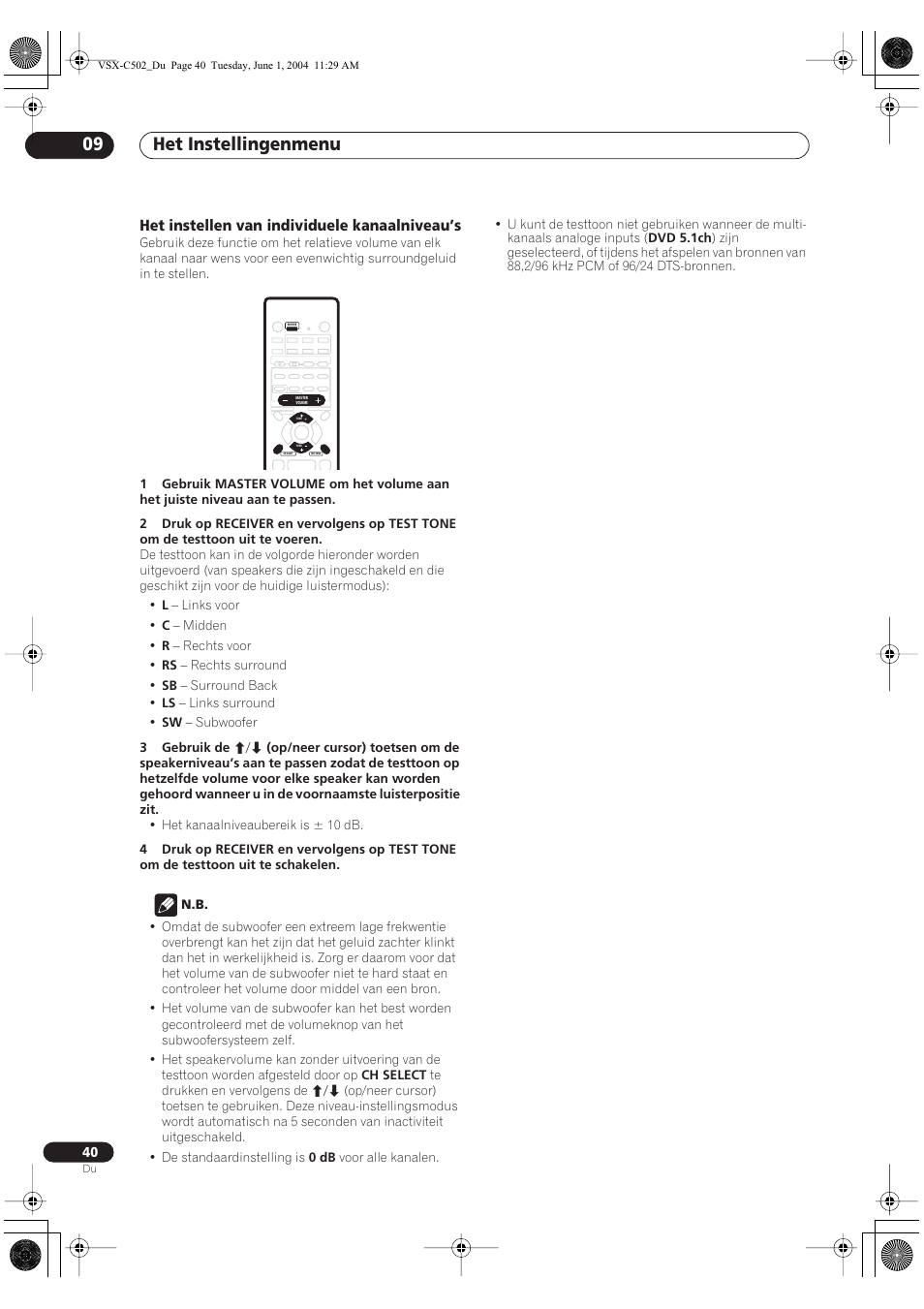 Het instellen van individuele kanaalniveau’s, Het instellingenmenu 09 | Pioneer VSX-C502-S User Manual | Page 40 / 104
