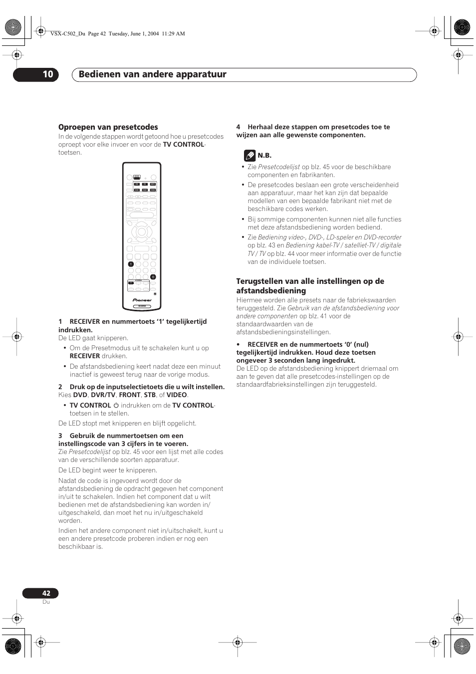 Oproepen van presetcodes, Bedienen van andere apparatuur 10 | Pioneer VSX-C502-S User Manual | Page 42 / 104