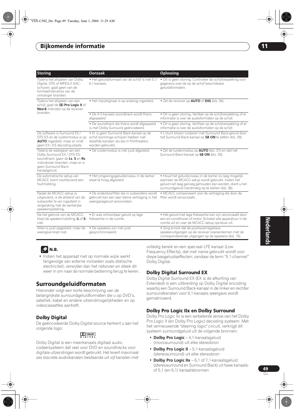 Surroundgeluidformaten, Dolby digital, Dolby digital surround ex | Dolby pro logic iix en dolby surround, Nederlands, Bijkomende informatie 11 | Pioneer VSX-C502-S User Manual | Page 49 / 104
