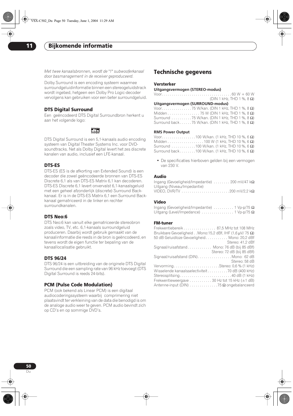 Dts digital surround, Dts-es, Dts neo:6 | Dts 96/24, Pcm (pulse code modulation), Technische gegevens, Bijkomende informatie 11 | Pioneer VSX-C502-S User Manual | Page 50 / 104