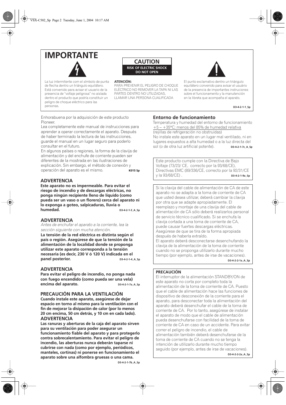 Importante, Caution, Advertencia | Precaución para la ventilación, Entorno de funcionamiento | Pioneer VSX-C502-S User Manual | Page 52 / 104