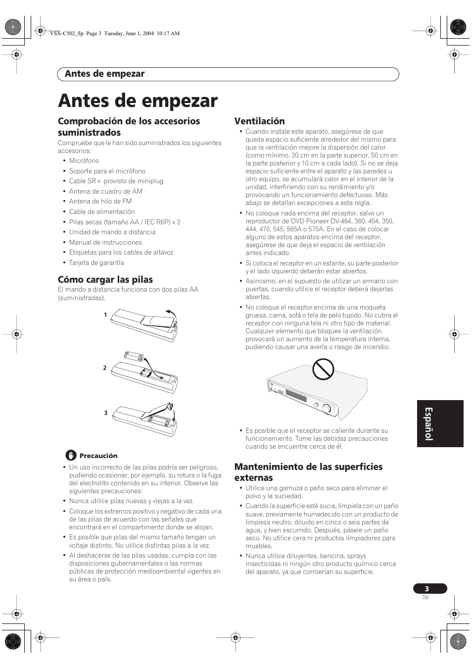 Español, Antes de empezar, Comprobación de los accesorios suministrados | Cómo cargar las pilas, Ventilación, Mantenimiento de las superficies externas | Pioneer VSX-C502-S User Manual | Page 53 / 104