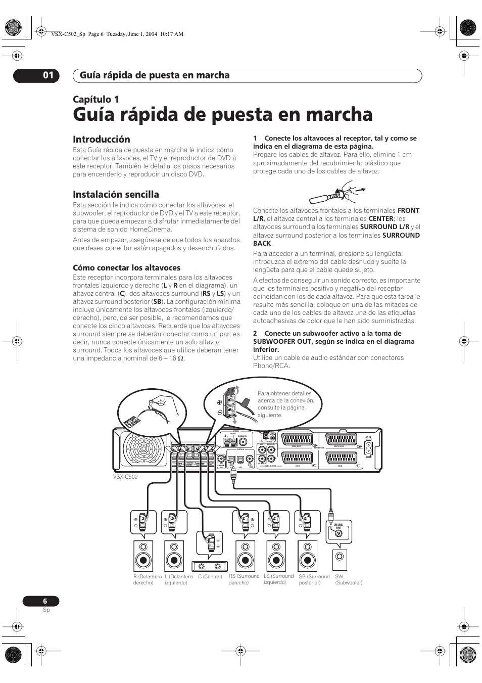 01 guía rápida de puesta en marcha, Introducción, Instalación sencilla | Cómo conectar los altavoces, Guía rápida de puesta en marcha, Guía rápida de puesta en marcha 01, Capítulo 1 | Pioneer VSX-C502-S User Manual | Page 56 / 104