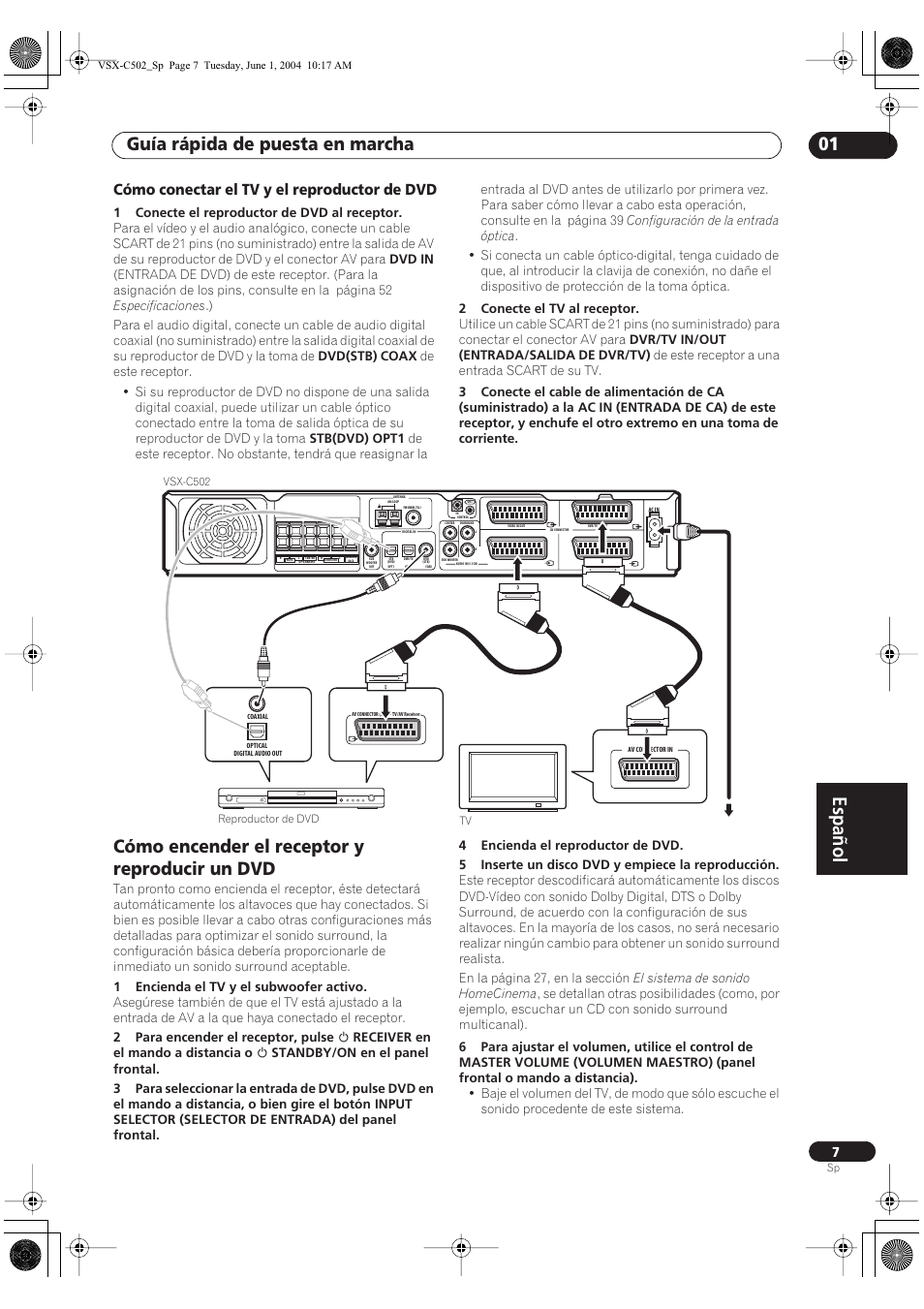 Cómo conectar el tv y el reproductor de dvd, Cómo encender el receptor y reproducir un dvd, Español | Guía rápida de puesta en marcha 01, Vsx-c502 reproductor de dvd | Pioneer VSX-C502-S User Manual | Page 57 / 104