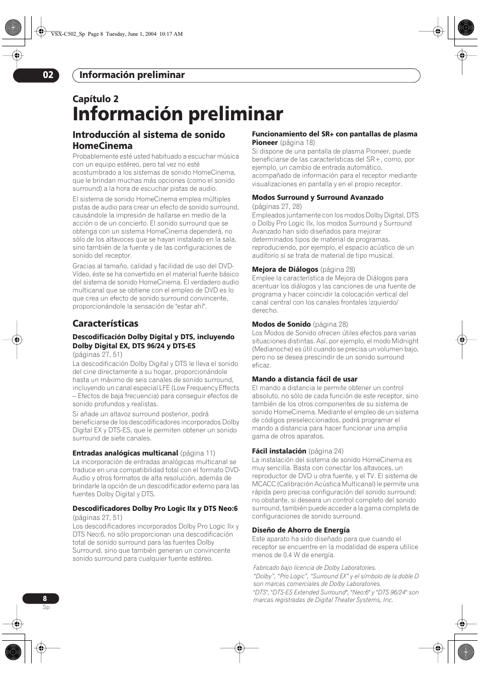 02 información preliminar, Introducción al sistema de sonido homecinema, Características | Información preliminar, Información preliminar 02, Capítulo 2 | Pioneer VSX-C502-S User Manual | Page 58 / 104