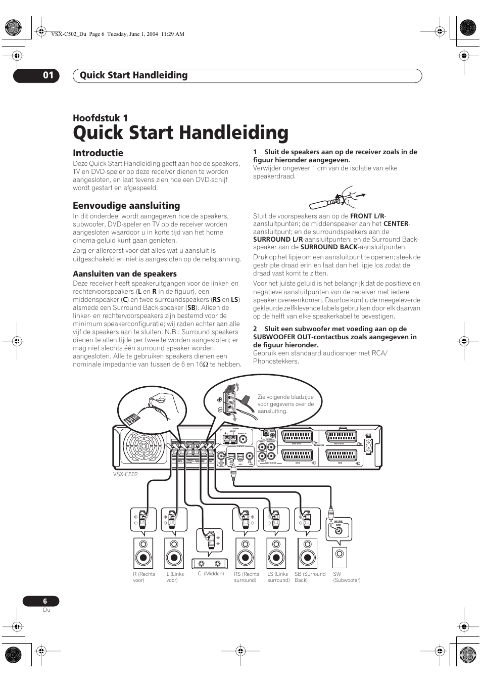 01 quick start handleiding, Introductie, Eenvoudige aansluiting | Aansluiten van de speakers, Quick start handleiding, Quick start handleiding 01, Hoofdstuk 1 | Pioneer VSX-C502-S User Manual | Page 6 / 104