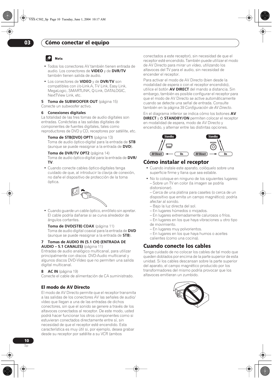 El modo de av directo, Cómo instalar el receptor, Cuando conecte los cables | Cómo conectar el equipo 03 | Pioneer VSX-C502-S User Manual | Page 60 / 104