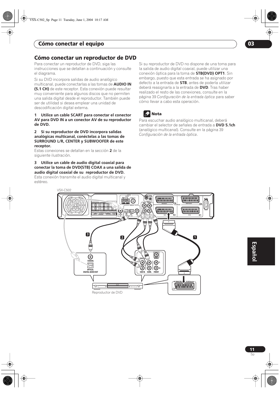 Cómo conectar un reproductor de dvd, Español, Cómo conectar el equipo 03 | Pioneer VSX-C502-S User Manual | Page 61 / 104