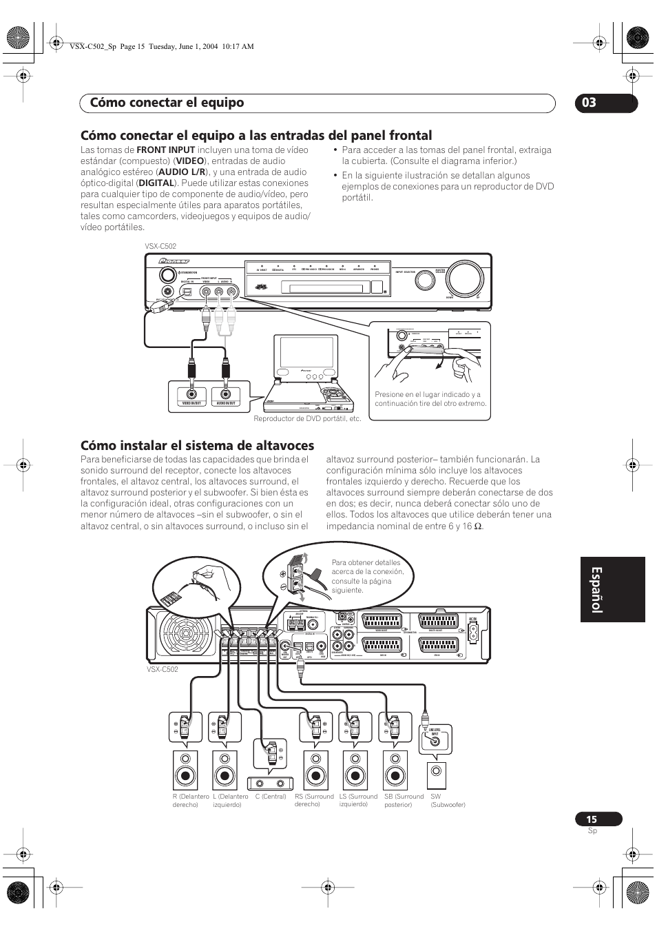 Cómo instalar el sistema de altavoces, Español, Cómo conectar el equipo 03 | Color bright monitor, Push open, Vsx-c502, Reproductor de dvd portátil, etc | Pioneer VSX-C502-S User Manual | Page 65 / 104