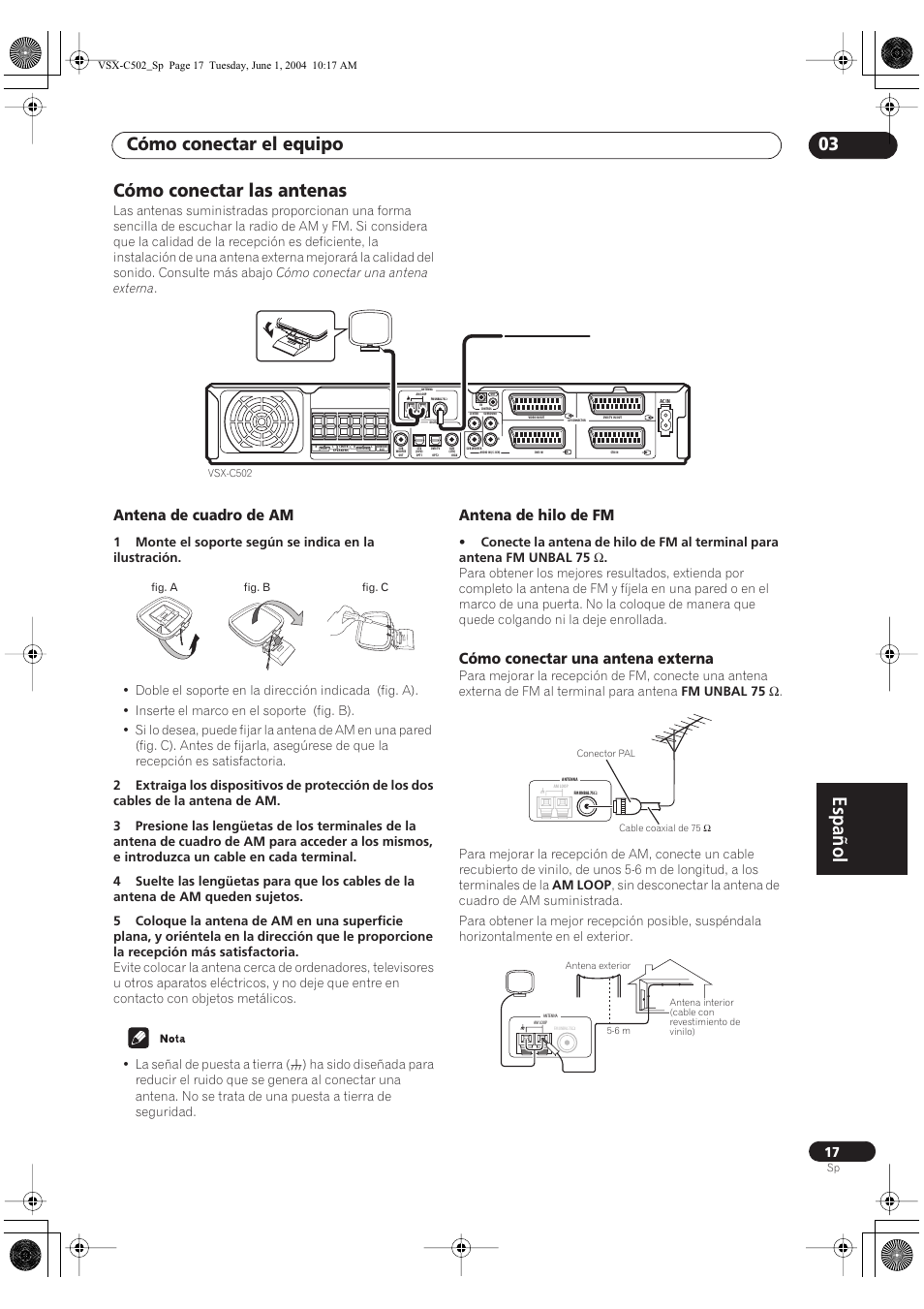 Cómo conectar las antenas, Antena de cuadro de am, Antena de hilo de fm | Cómo conectar una antena externa, Español, Cómo conectar el equipo 03 | Pioneer VSX-C502-S User Manual | Page 67 / 104