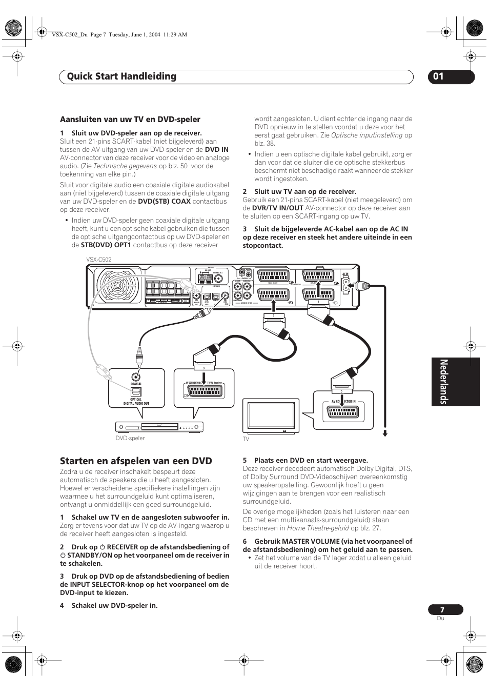 Aansluiten van uw tv en dvd-speler, Starten en afspelen van een dvd, Nederlands | Quick start handleiding 01 | Pioneer VSX-C502-S User Manual | Page 7 / 104