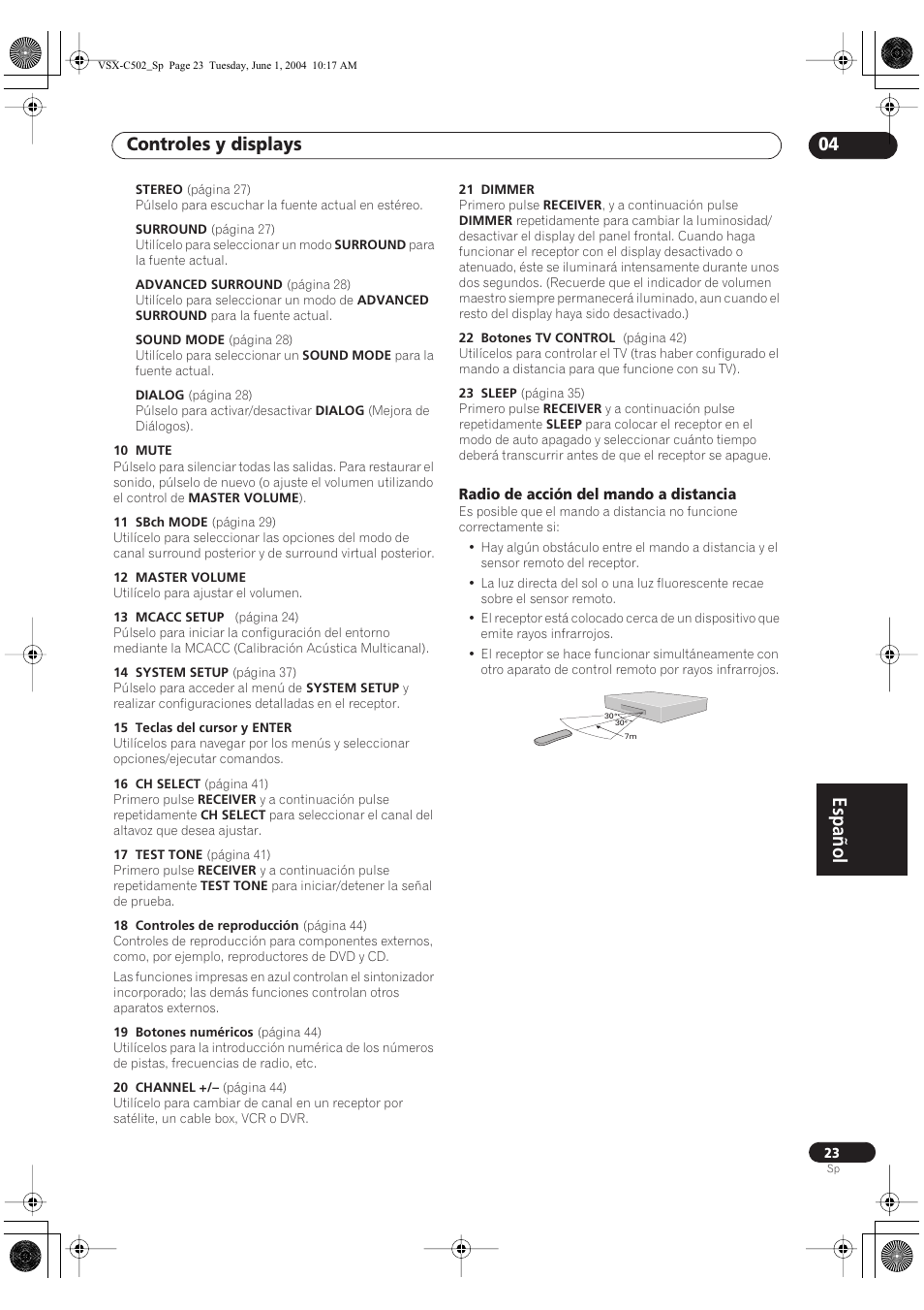 Radio de acción del mando a distancia, Español, Controles y displays 04 | Pioneer VSX-C502-S User Manual | Page 73 / 104