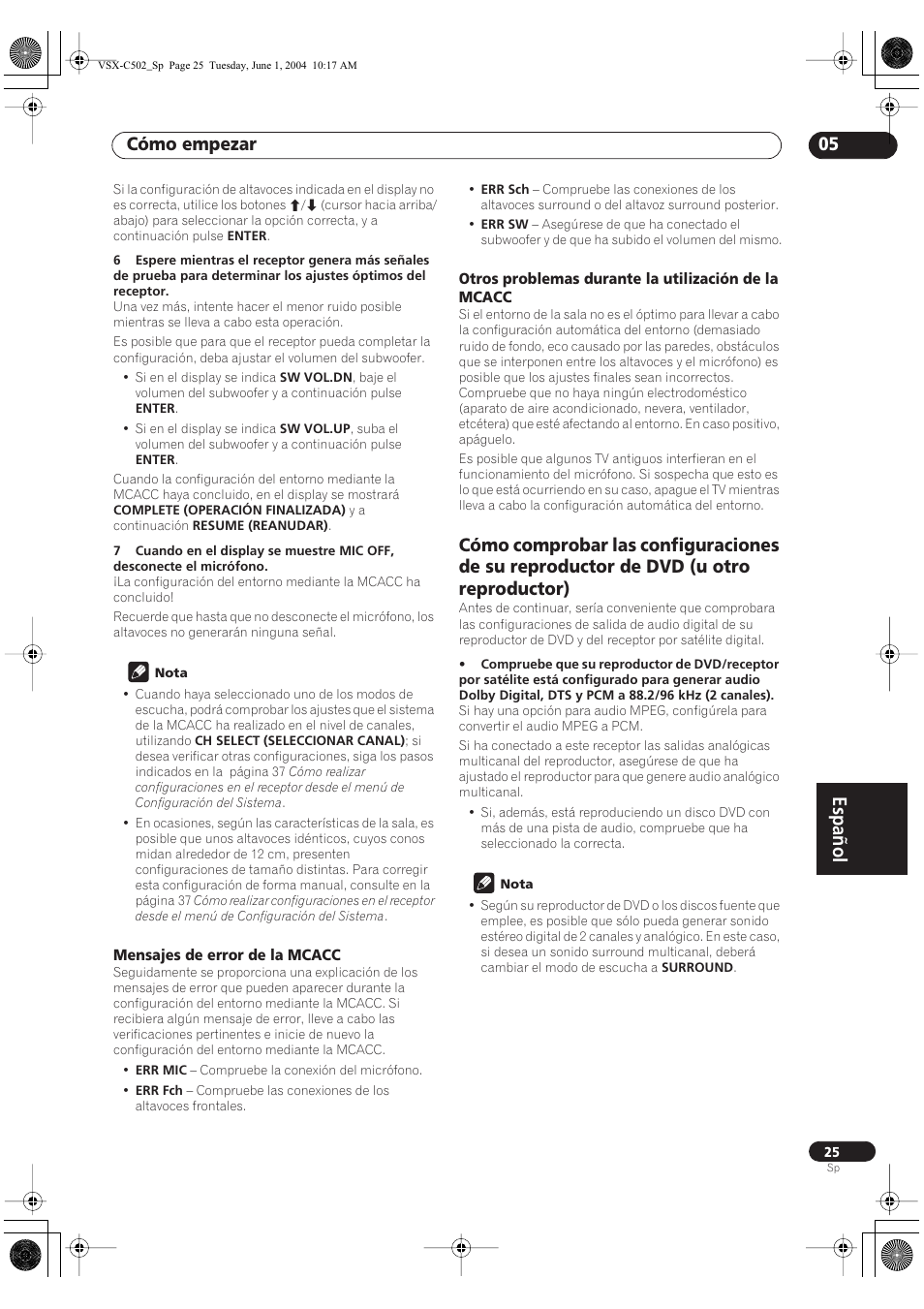 Mensajes de error de la mcacc, Otros problemas durante la utilización de la mcacc, Español | Cómo empezar 05 | Pioneer VSX-C502-S User Manual | Page 75 / 104