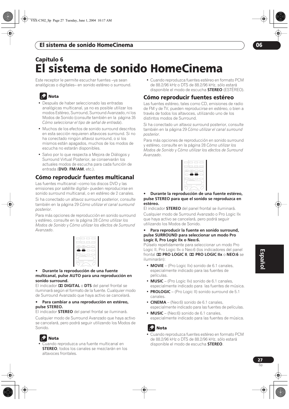 06 el sistema de sonido homecinema, Cómo reproducir fuentes multicanal, Cómo reproducir fuentes estéreo | El sistema de sonido homecinema, Español, El sistema de sonido homecinema 06, Capítulo 6 | Pioneer VSX-C502-S User Manual | Page 77 / 104