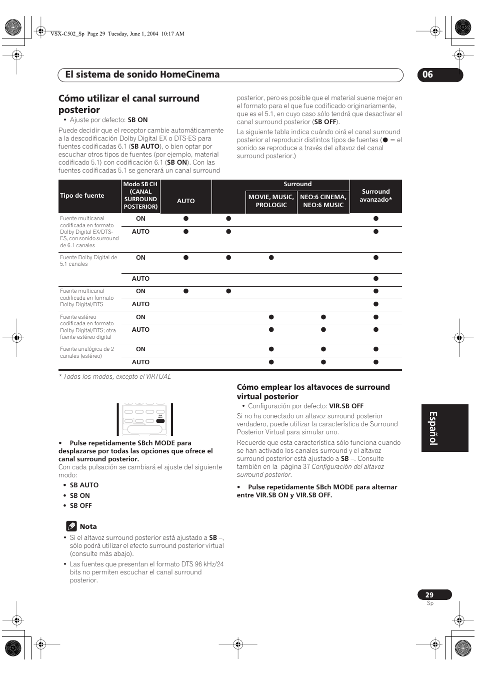 Cómo utilizar el canal surround posterior, Español, El sistema de sonido homecinema 06 | Pioneer VSX-C502-S User Manual | Page 79 / 104