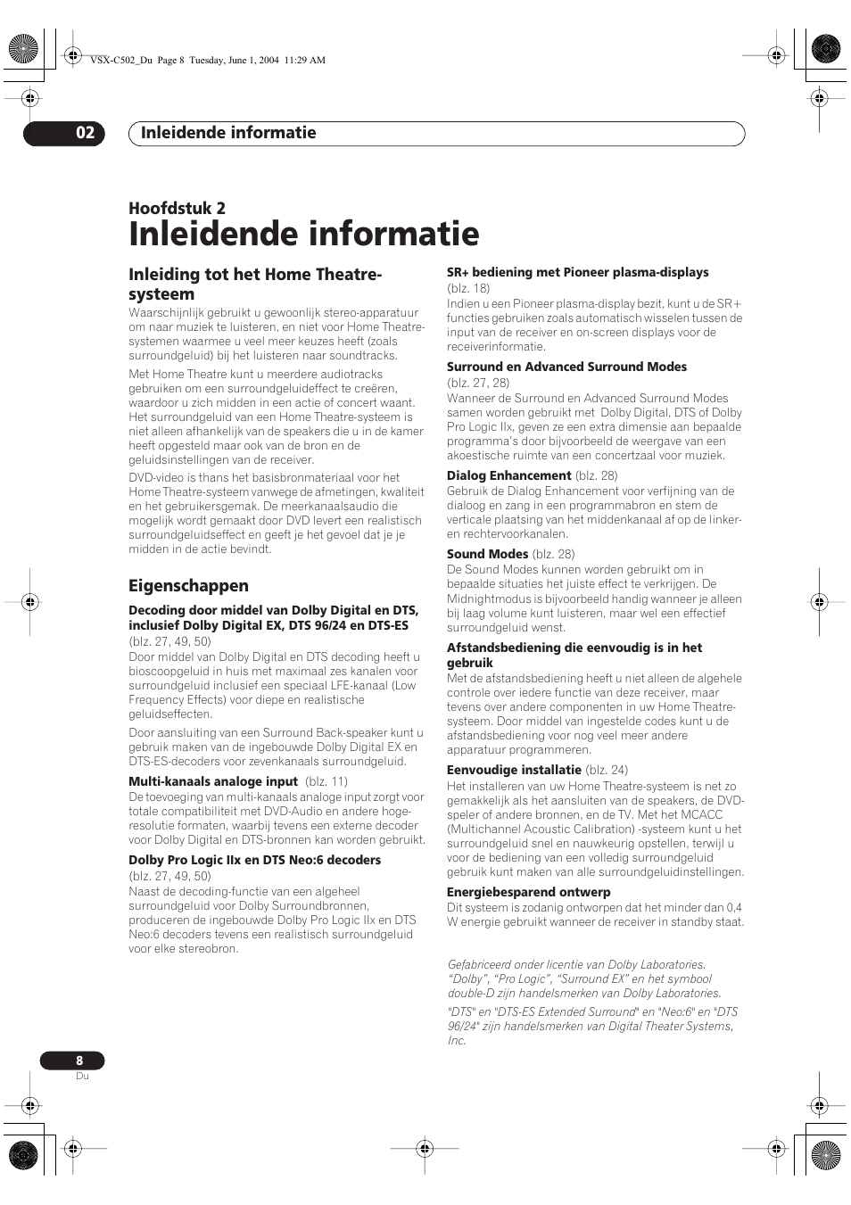 02 inleidende informatie, Inleiding tot het home theatre-systeem, Eigenschappen | Inleidende informatie, Inleidende informatie 02, Hoofdstuk 2, Inleiding tot het home theatre- systeem | Pioneer VSX-C502-S User Manual | Page 8 / 104