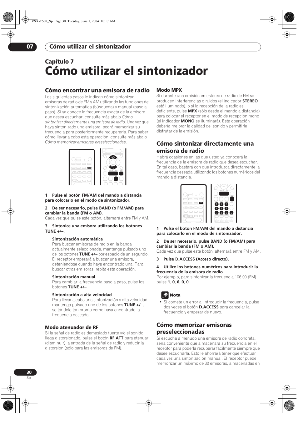 07 cómo utilizar el sintonizador, Cómo encontrar una emisora de radio, Modo atenuador de rf | Modo mpx, Cómo sintonizar directamente una emisora de radio, Cómo memorizar emisoras preseleccionadas, Cómo utilizar el sintonizador, Cómo utilizar el sintonizador 07, Capítulo 7 | Pioneer VSX-C502-S User Manual | Page 80 / 104