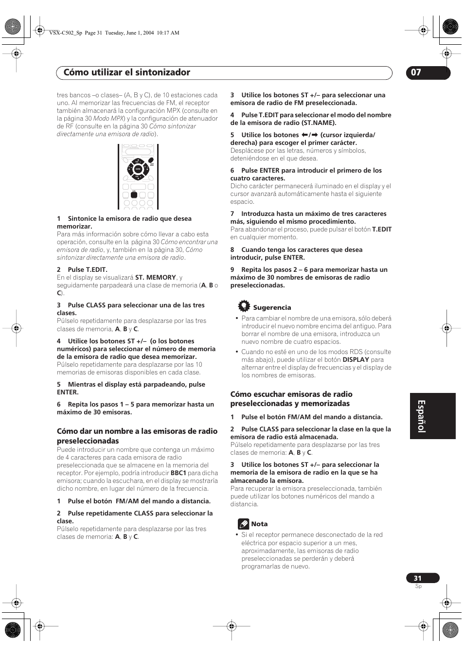 Español, Cómo utilizar el sintonizador 07 | Pioneer VSX-C502-S User Manual | Page 81 / 104