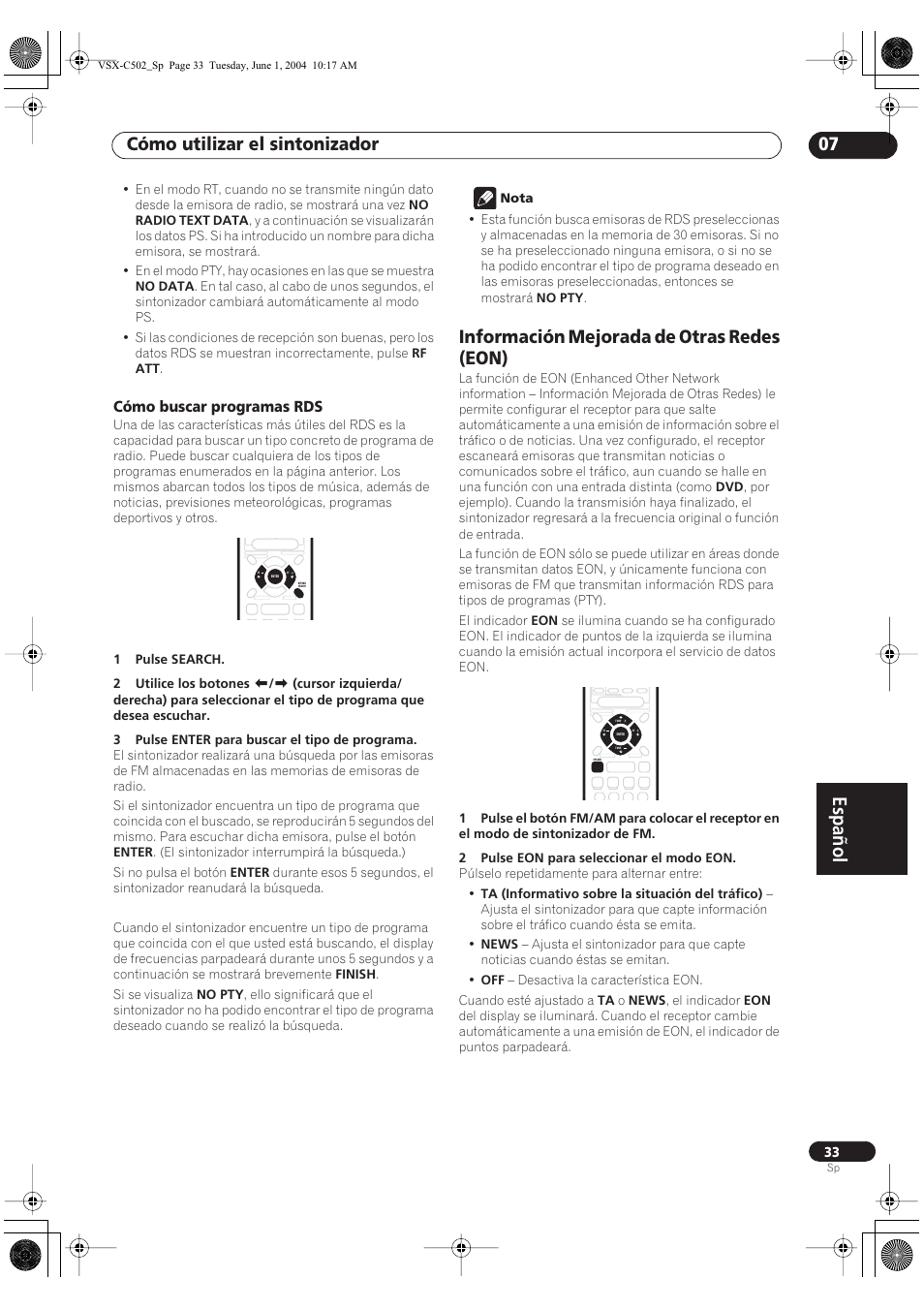 Cómo buscar programas rds, Información mejorada de otras redes (eon), Español | Cómo utilizar el sintonizador 07 | Pioneer VSX-C502-S User Manual | Page 83 / 104