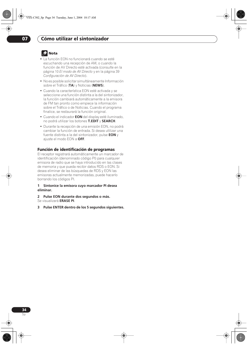 Función de identificación de programas, Cómo utilizar el sintonizador 07 | Pioneer VSX-C502-S User Manual | Page 84 / 104