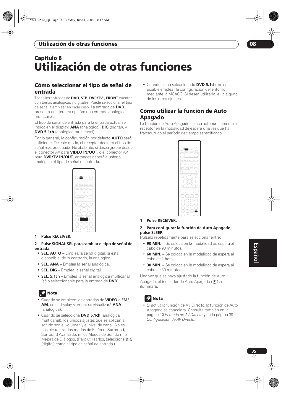 08 utilización de otras funciones, Cómo seleccionar el tipo de señal de entrada, Cómo utilizar la función de auto apagado | Utilización de otras funciones, Español, Utilización de otras funciones 08, Capítulo 8 | Pioneer VSX-C502-S User Manual | Page 85 / 104