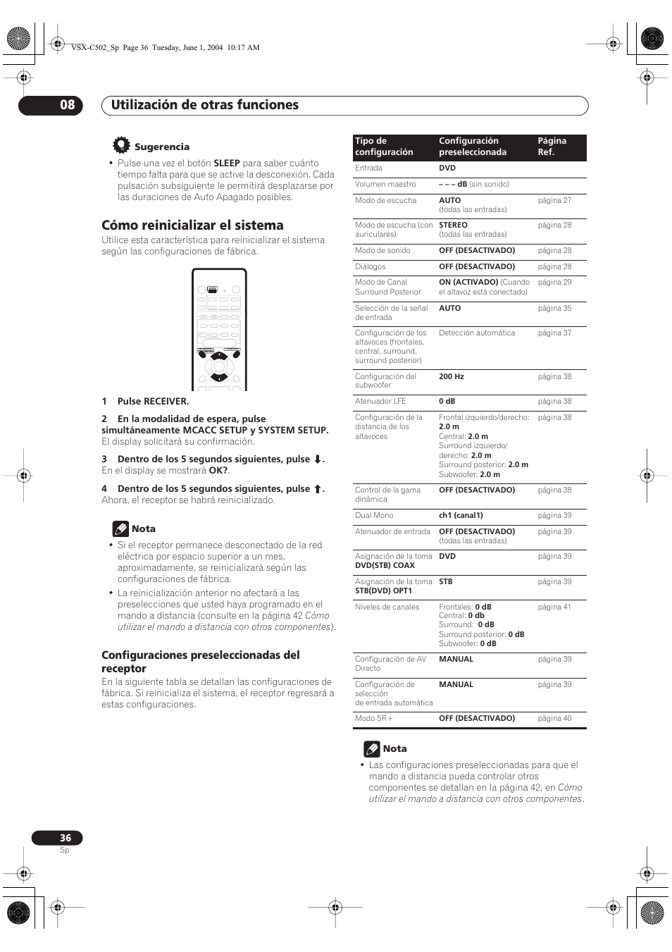 Cómo reinicializar el sistema, Configuraciones preseleccionadas del receptor, Utilización de otras funciones 08 | Pioneer VSX-C502-S User Manual | Page 86 / 104