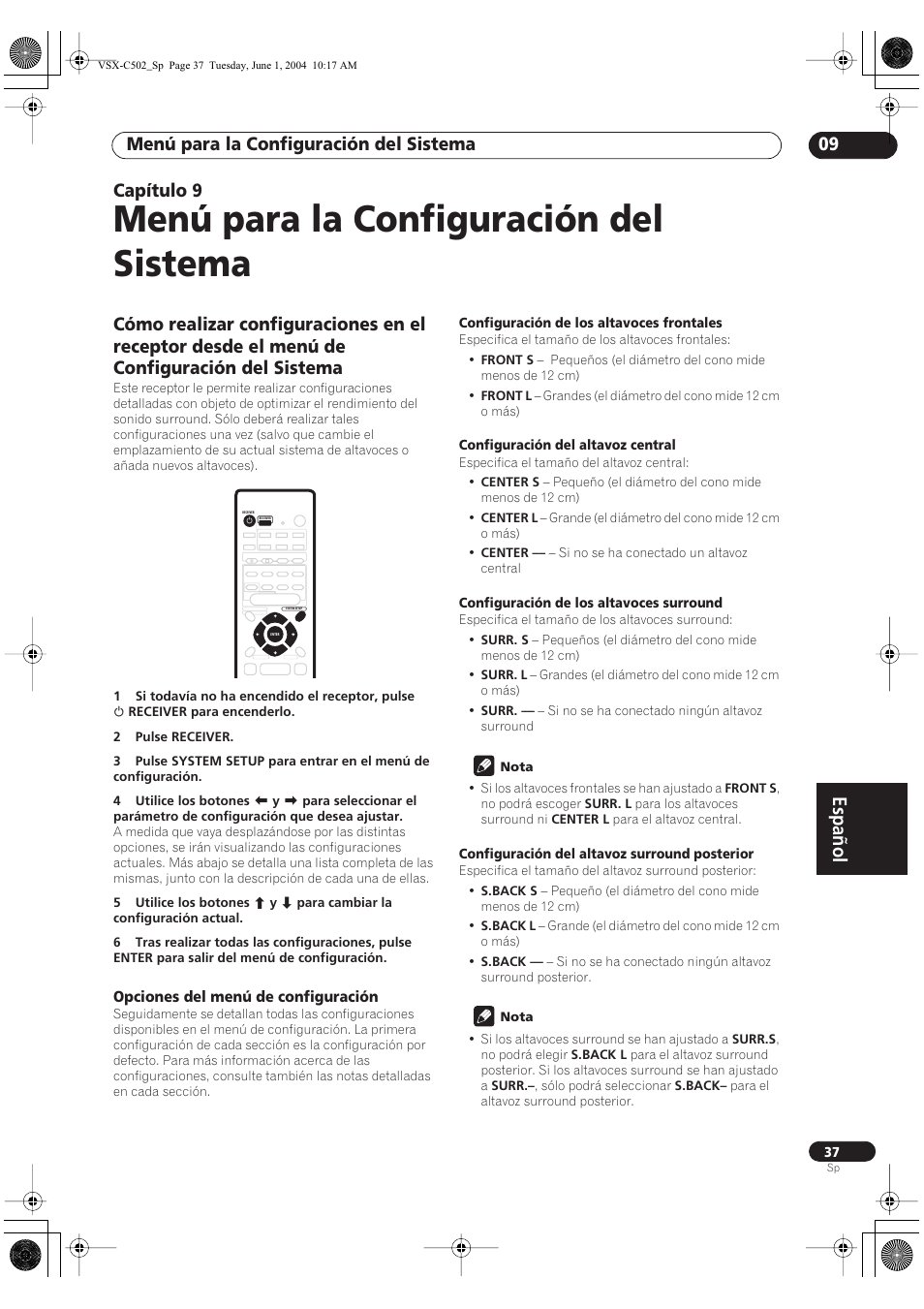 09 menú para la configuración del sistema, Opciones del menú de configuración, Menú para la configuración del sistema | Español, Menú para la configuración del sistema 09, Capítulo 9 | Pioneer VSX-C502-S User Manual | Page 87 / 104
