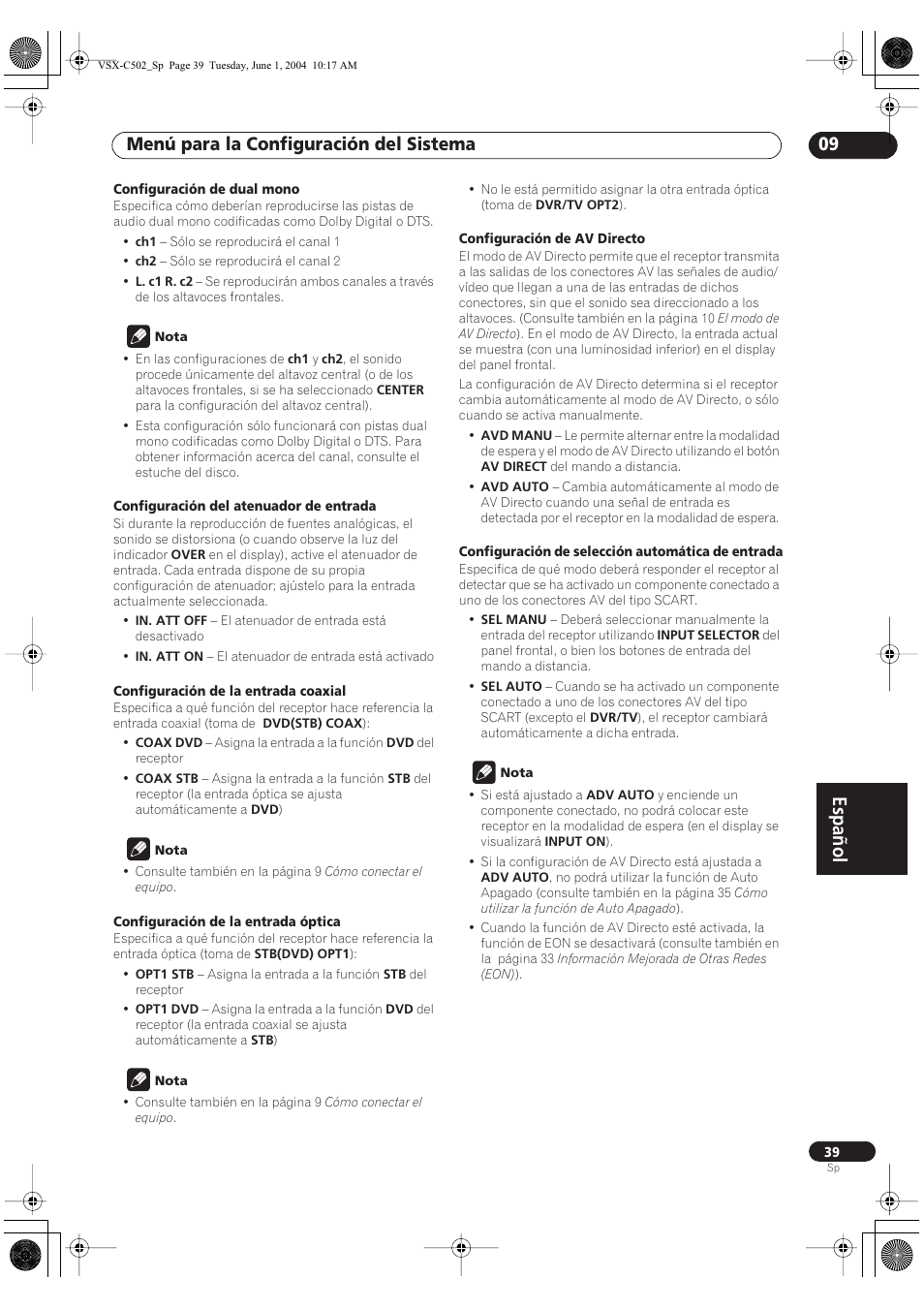 Español, Menú para la configuración del sistema 09 | Pioneer VSX-C502-S User Manual | Page 89 / 104